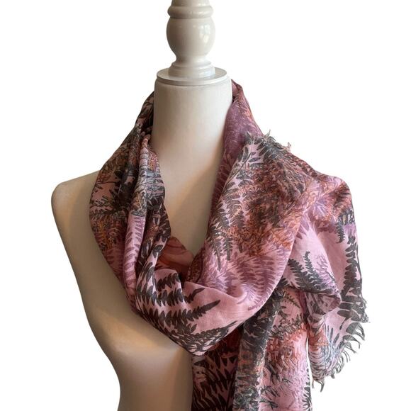 Pink Green Fern Print Rectangular Scarf 70" x 28" Forest Fairy Cottagecore - Picture 1 of 6